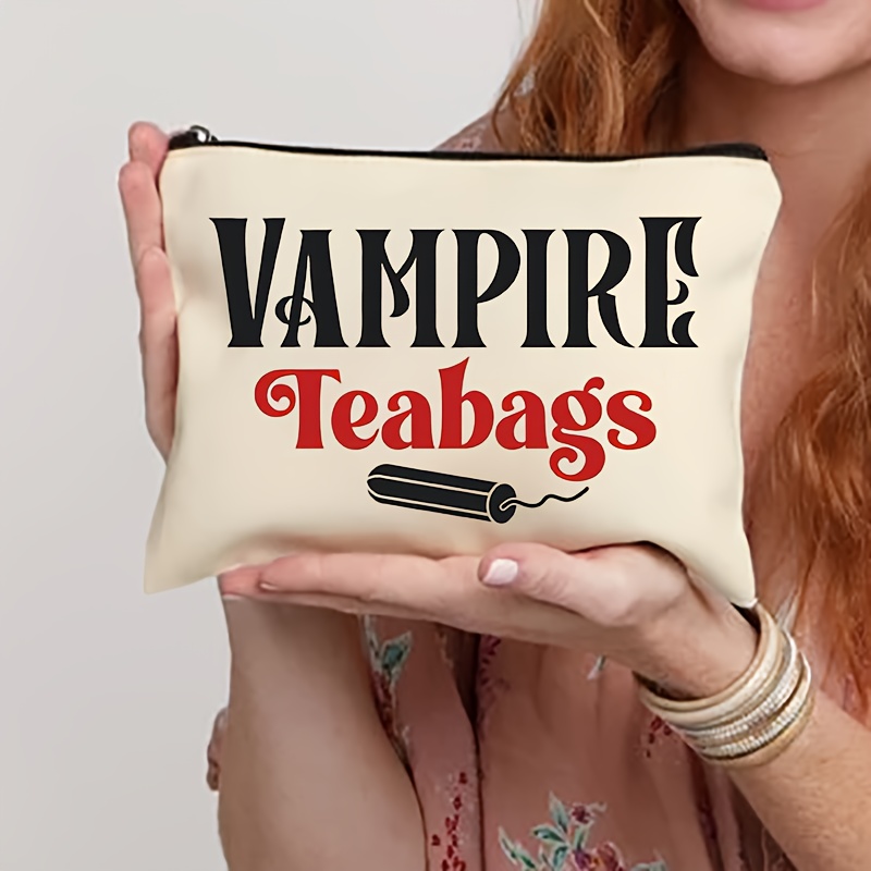 

1pc Vampire Teabags Canvas Cosmetic Pouch, Hand Washable Makeup Bag With Zipper Closure, Toiletry Organizer