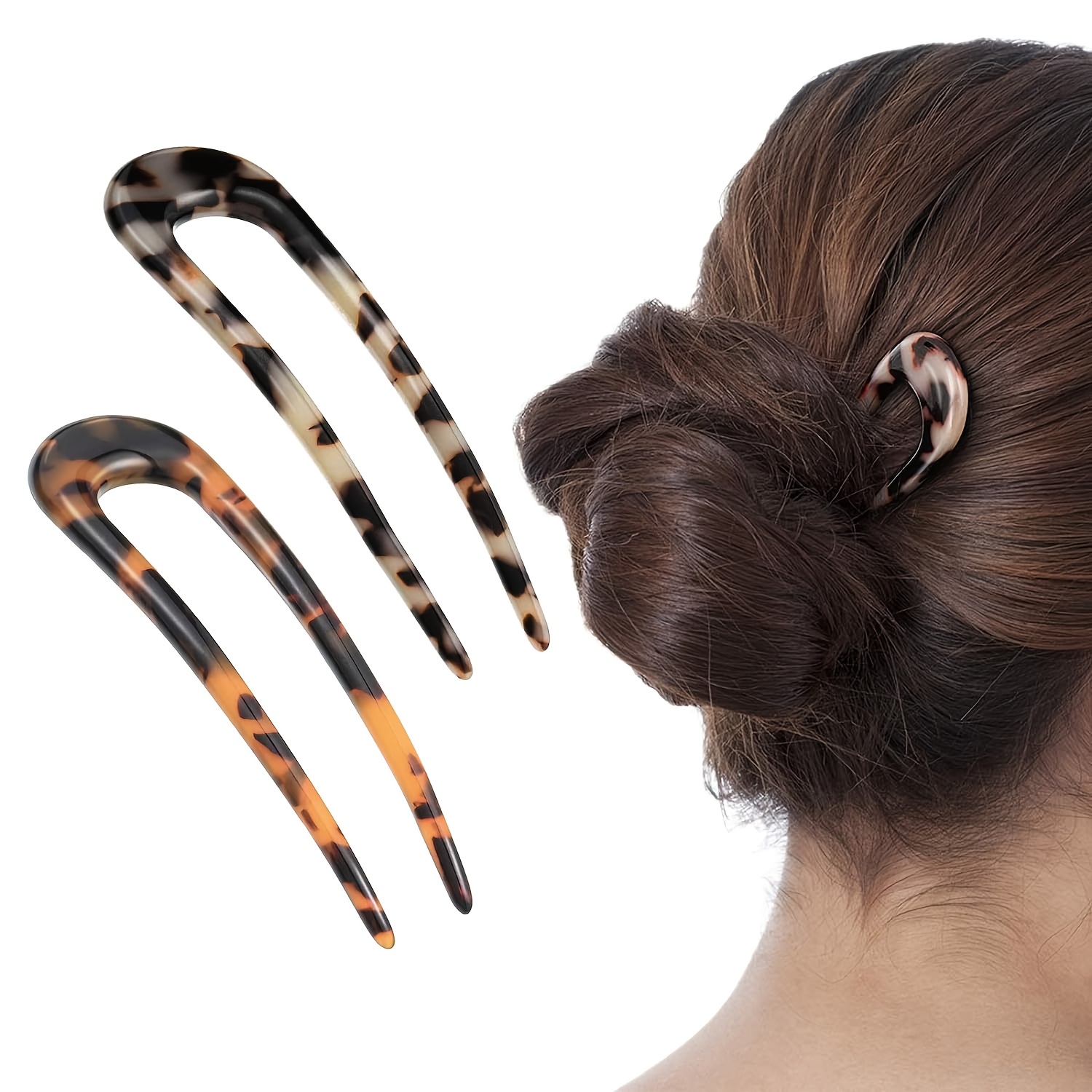 

Elegant French Shell U-shaped Hairpins, 2- High Bun Clips For Women & Girls - Cellulose , Vintage Design