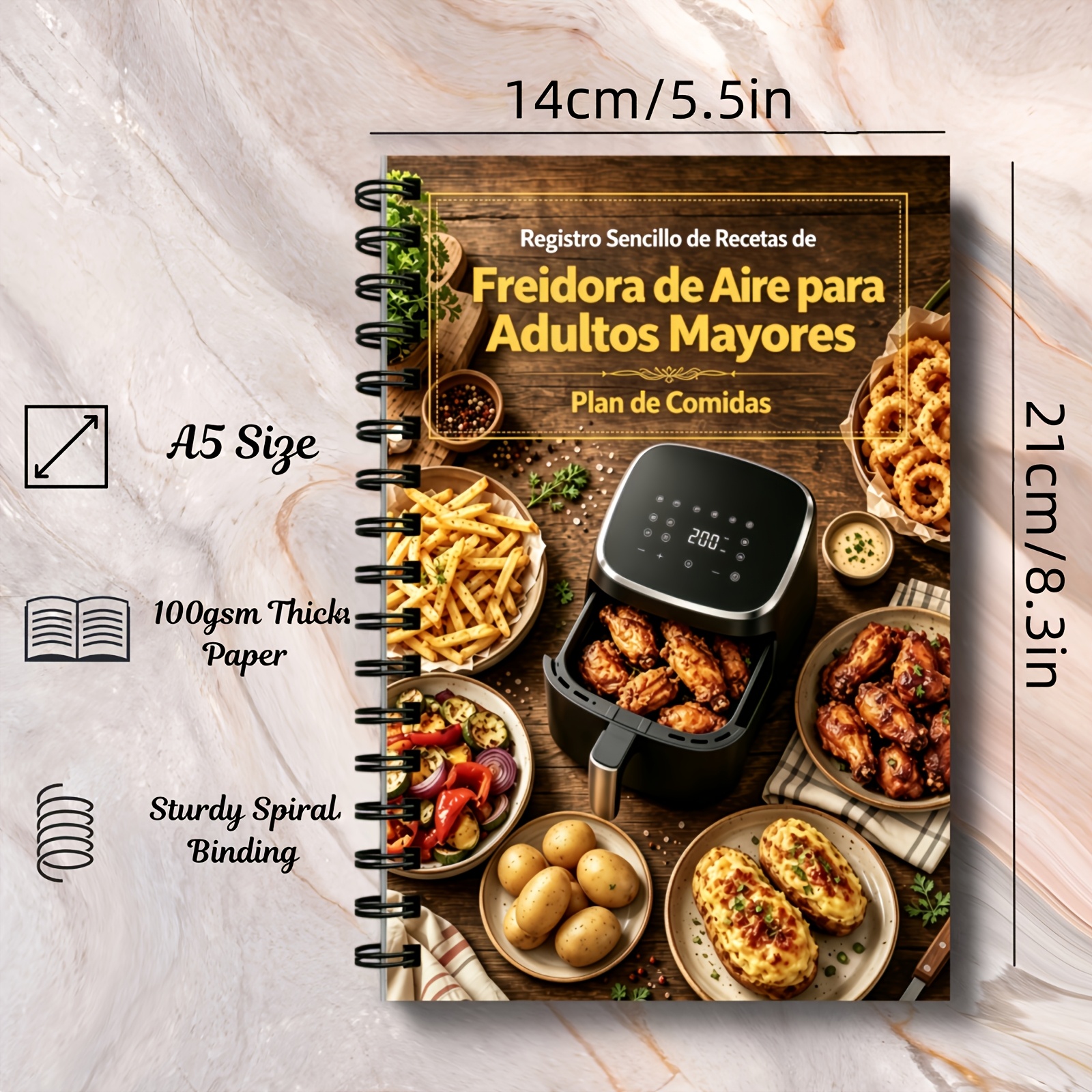 TEMU Edición en español - Cuaderno de recetas para freidora de aire con cubierta de fotografía de alimentos y veta de madera vintage, encuadernación