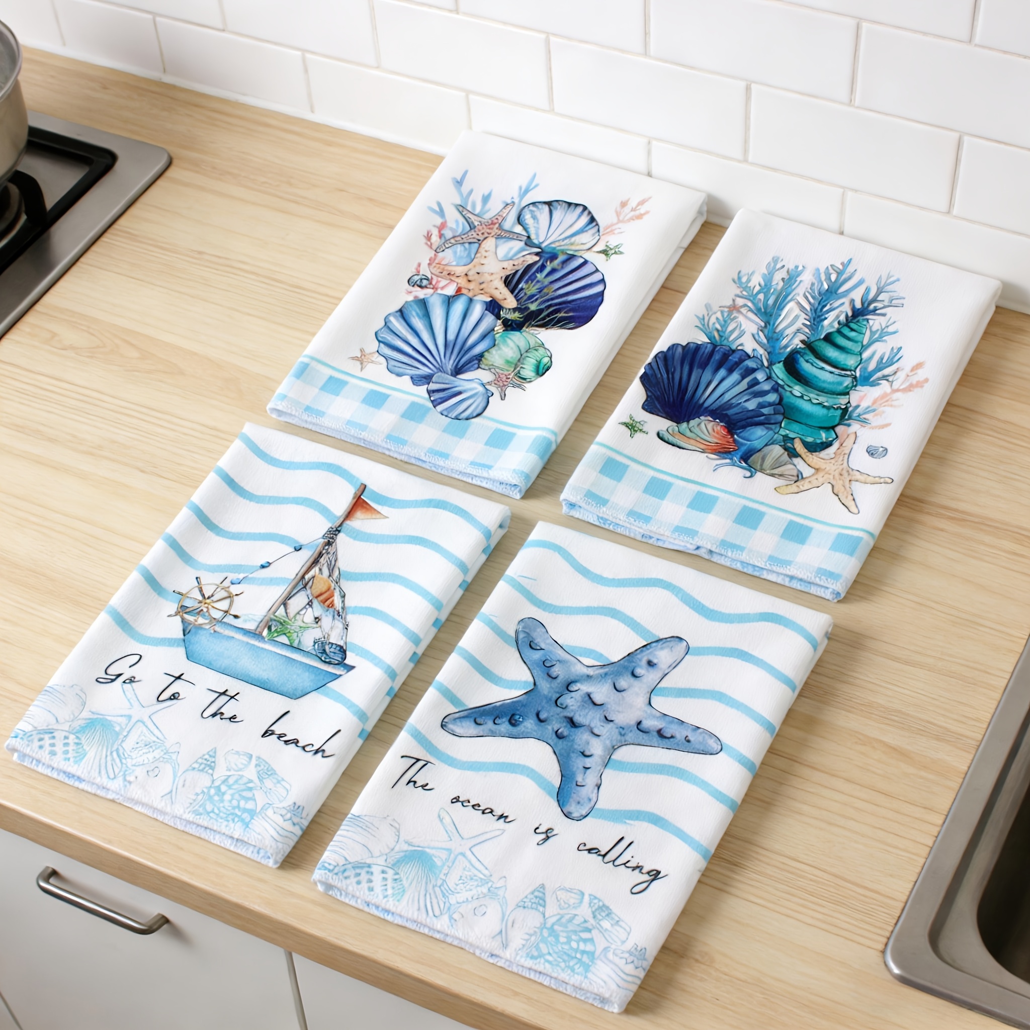 TEMU Ensemble de 4 torchons de cuisine et sur le thème de l'océan, mesurant 40 cm x 60 cm, adaptés , à à manger et , avec une forte d'absorption et