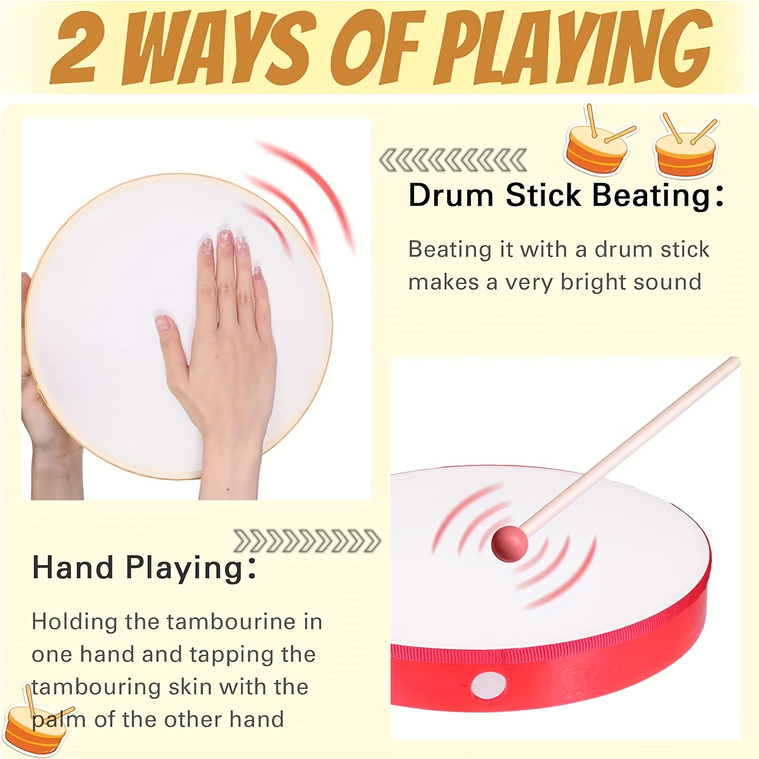 Natural Wooden Hand Drum, White Educational Hand-Held Percussion Instrument Toy with Mallet Included