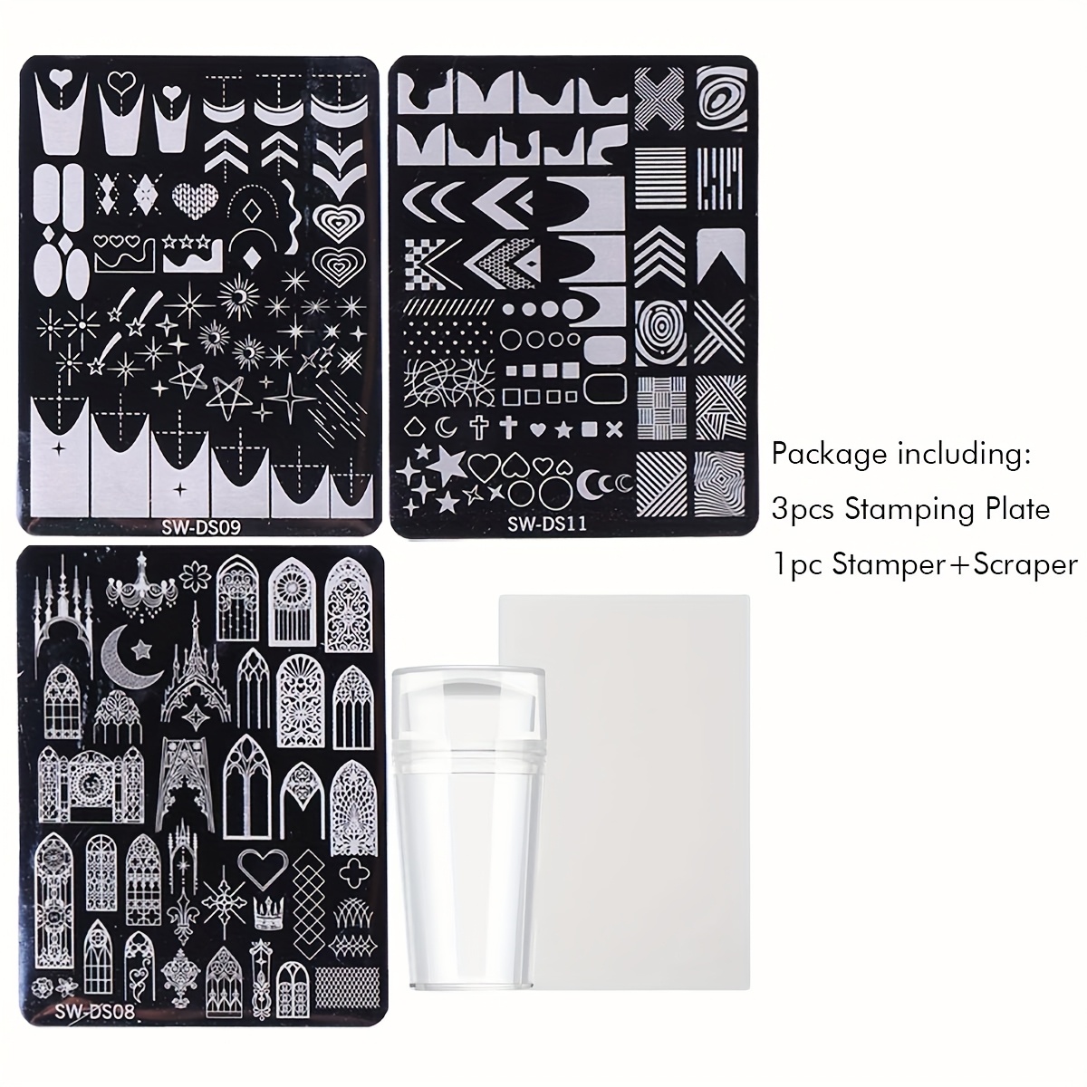 3pcs French Manicure Stainless Nail Plate With Stamper Set, Heart Delicate Patterns Nail Printing Stencil Template Stamp Tools For Manicure Supplies