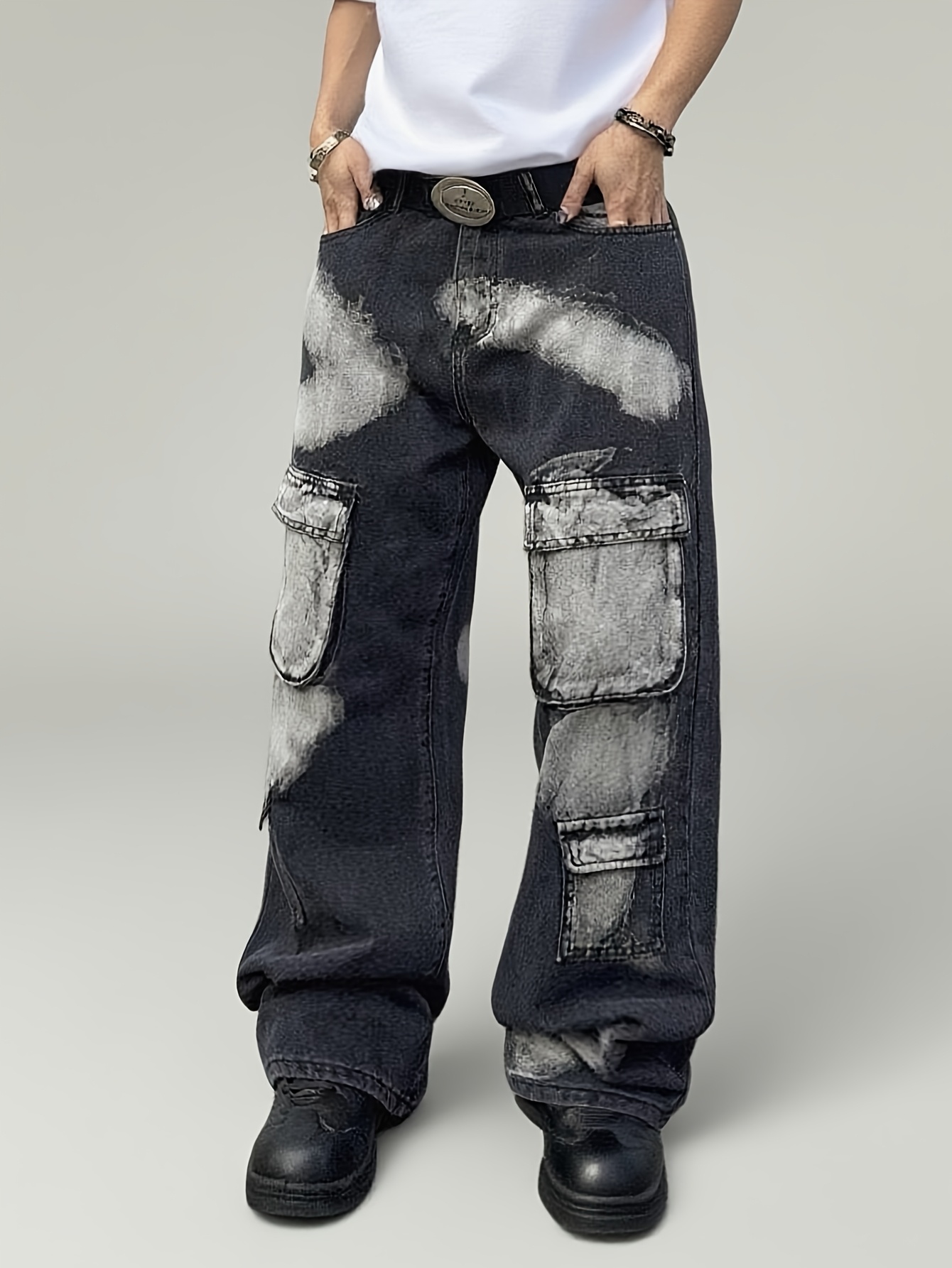 Calças de largas com vários bolsos e para as jeans de de  cores para homens