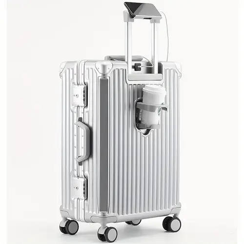 a versatile aluminum golden framed suitcase with large capacity usb charging port rear cup holder rolling wheels and telescopic handle universal boarding password for men and women with 20in 24in 26in sizes