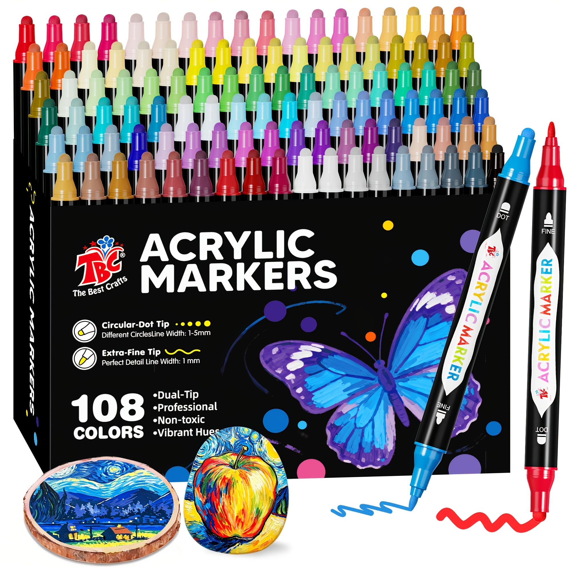 TEMU Tbc The Best Crafts 72/108 Colors Dual Tip Acrylic Markers Set, Dual Tip (1mm Fine & 1-5mm Dot), Vibrant Pigment, Calligraphy Pens, And Safe