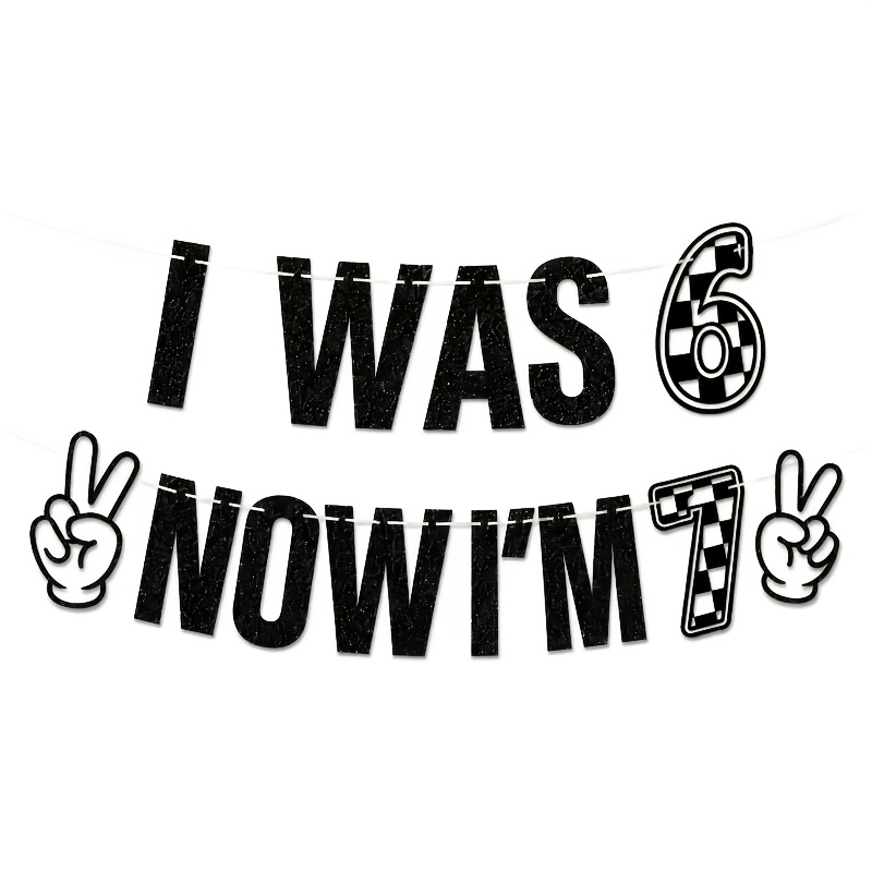 TEMU Black Glitter I Was 6 Now I'm 7 Birthday Banner, 2 Fast Checkered Racing Theme 7th Birthday Party Decorations For Boys Girls, 6 To 7 Years Old