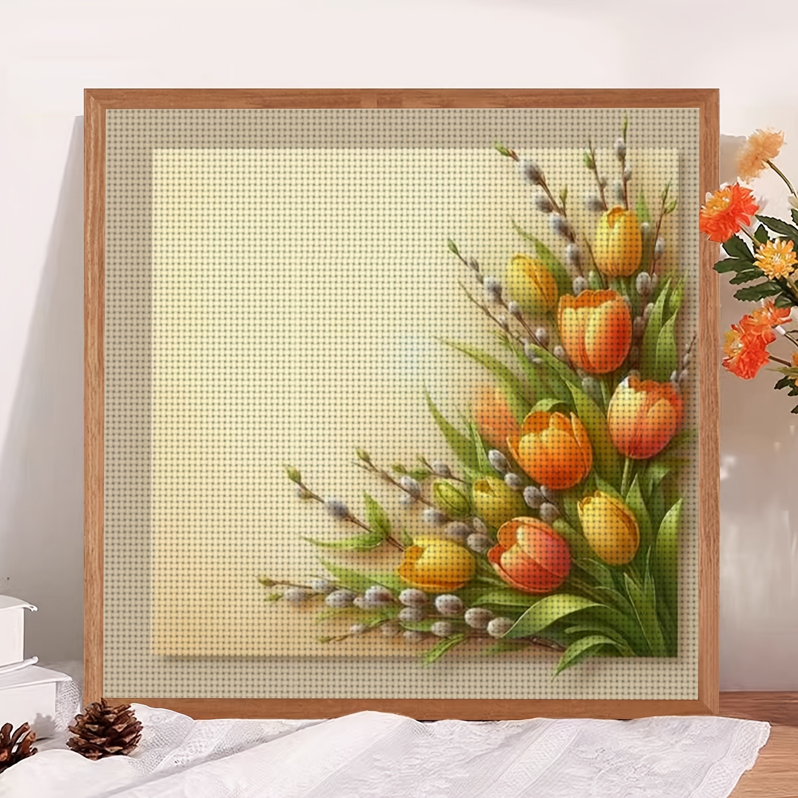 Cross Stitch Print Kit, Orange Yellow Tulips and Willow Buds