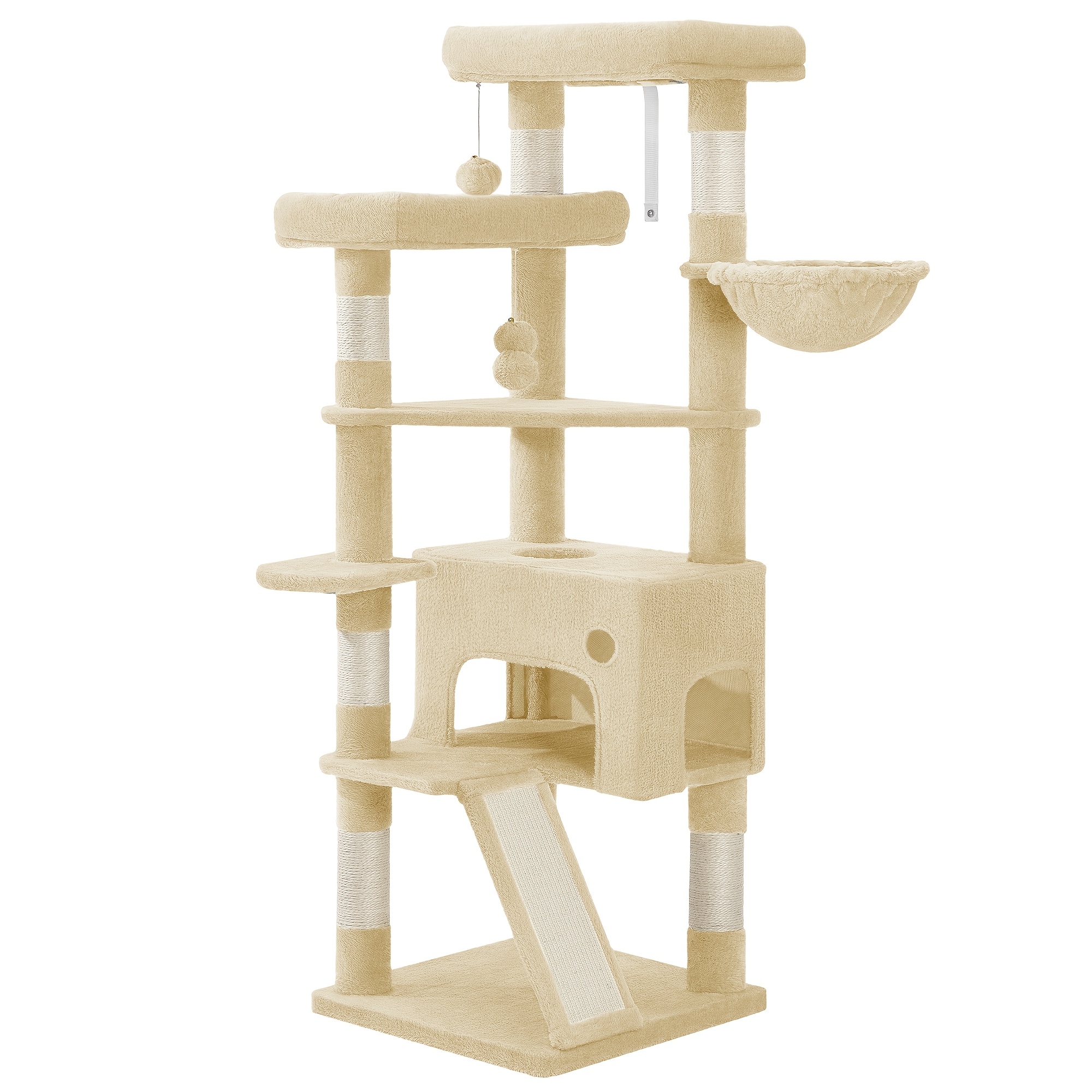 Cat Tree, 153cm, Spacious And Stable, With 6 Scratching Posts, 1 Comfortable Large Cat House, 3 Large Platforms, Cat Basket, Pom-poms, Scratching Board, Light Grey