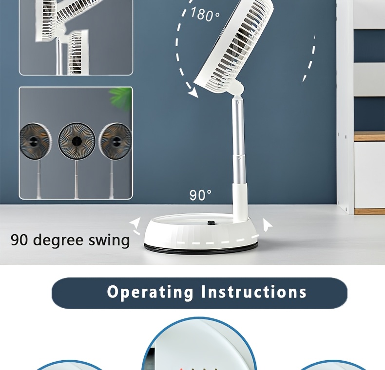 Переносной ретрактируемый напольный вентилятор с пультом управления, складной педестал из металла, с аккумулятором на 6000 мАч, заряжаемым через USB, 5 Вт, для использования внутри и снаружи помещений, с автоматическим и кнопочным управлением. Подробности 4.