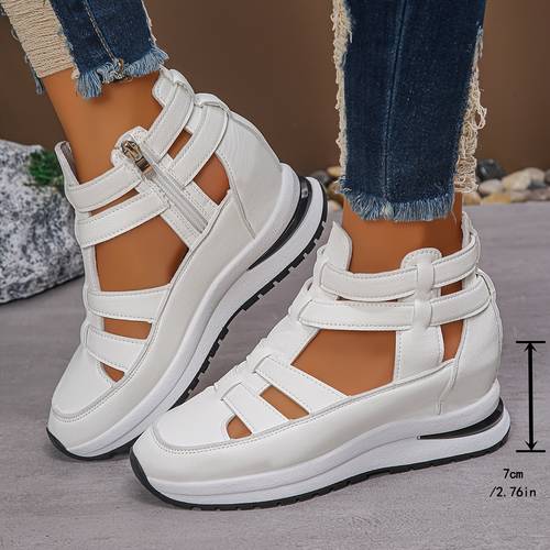 womens summer with hollow out design thick platform wedge heel invisible height increasing effect inner zipper outer wear fashionable casual sneakers
