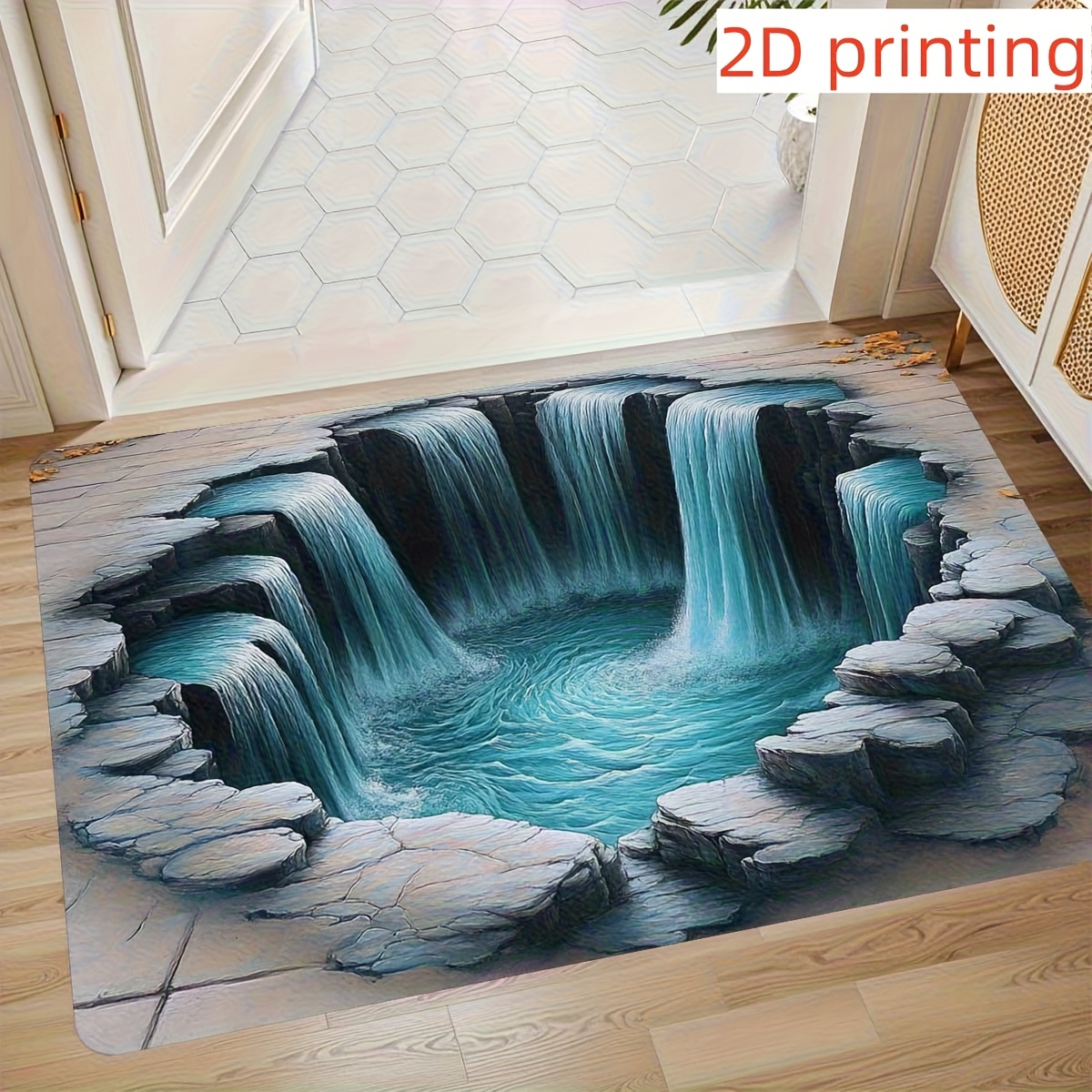 TEMU 1pc Door Mat 3d Effect Durble Waterfall Illusion Doormat - Machine Washable Non-slip Rubber Backed, Floor Mat For Entrance, Living Room, Kitchen - 2d Flat Design, Decor, Decorative Welcome Mat