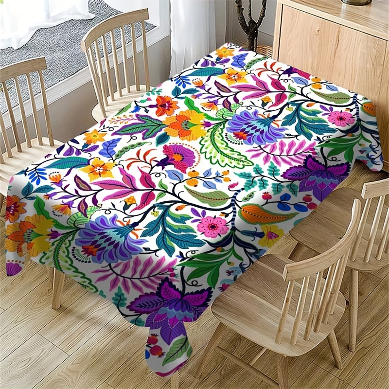 

Vibrant Tropical Floral & Leaf Design Tablecloth - Modern Polyester Rectangular Table Cover For Home Decor, Kitchen & Dining