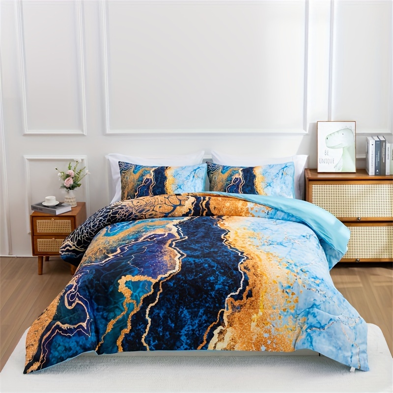 

Marble Like Burning Mountain Printed Bedding Set, Retro Style Watercolor Artwork Design, Ultra Soft Comforter Set (blue, Queen (88-by-88-inches))