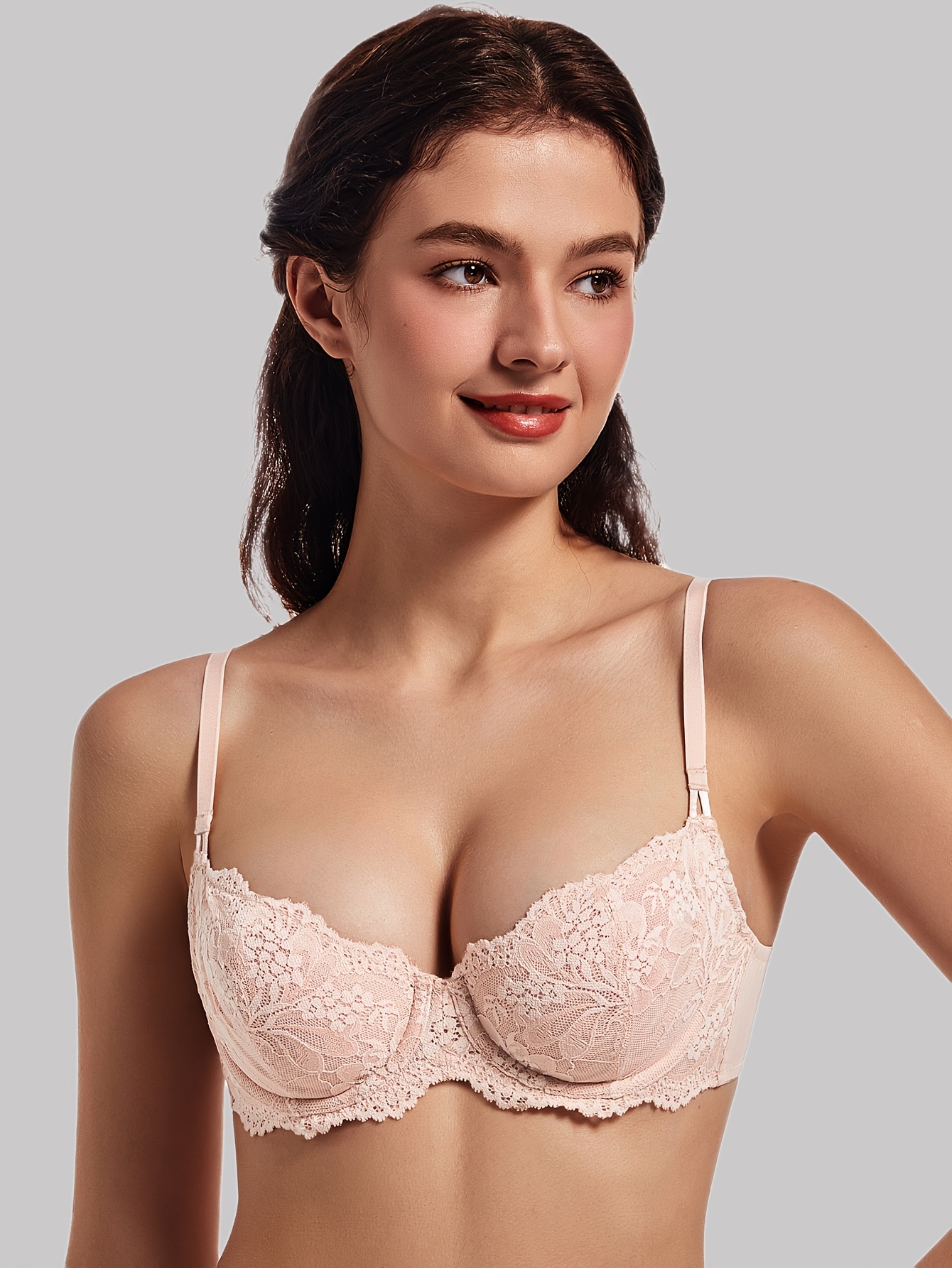 MELENECA Dames Plus Size Doorzichtige Balconette Push-Up BH - Sexy Kanten Trim, Draadondersteuning, Geen Vulling, Medium Stretch, Roze Gouden Accents, Romantische Ontwerp voor Casual Kleding, Comfortabele Ondergoed, Elegante Ondergoed, BH zonder Vulling