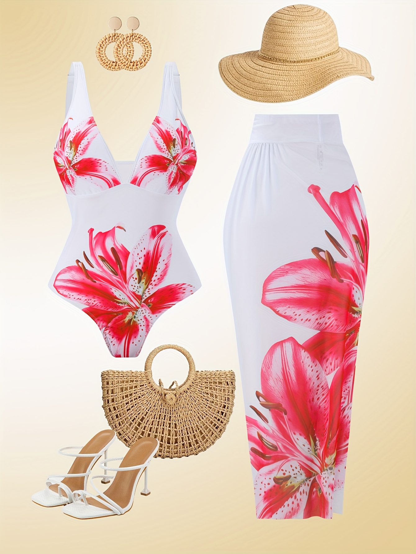Print Two-Piece Swimsuit Set with Tulle Skirt - Off-Shoulder, Backless Design, High-Stretch Fabric,   Floral Print Pattern,   Beach or Pool, Beach Swimsuit|Floral Print Swimsuit|Tulle Skirt Swimsuit