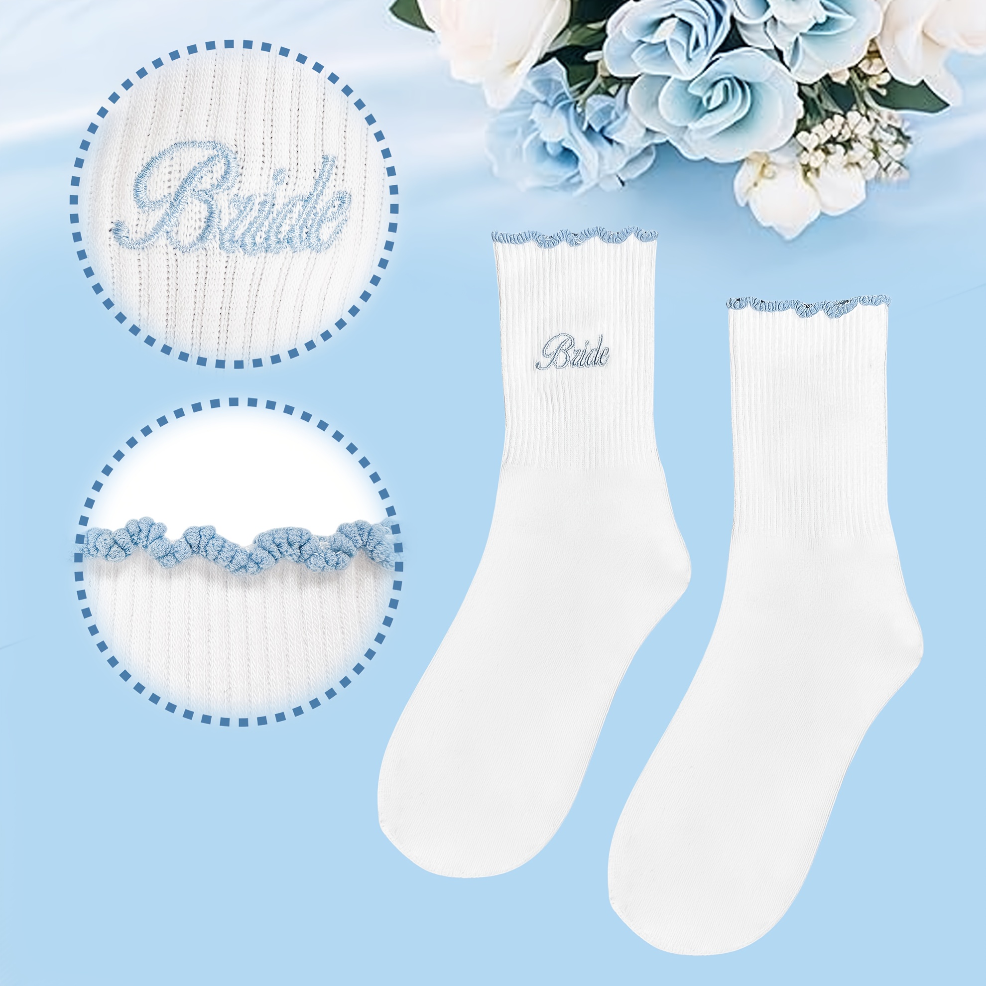 Image of Socks For Brides, Sky Blue "" Embroidery Angle Socks, Gifts For Bridal Shower Engagement Wedding Party, Blissful Socks For Mrs, -to-be Bride And Bride-to-be, Props For Photo Shooting