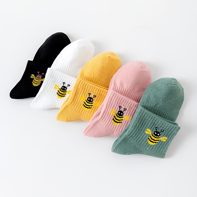 Image of 5 Pairs Women's Spring Summer Socks, Small Bee Cartoon Print Waist-cinching Short Socks Trendy Versatile Preppy Style Solid Cute Short Socks