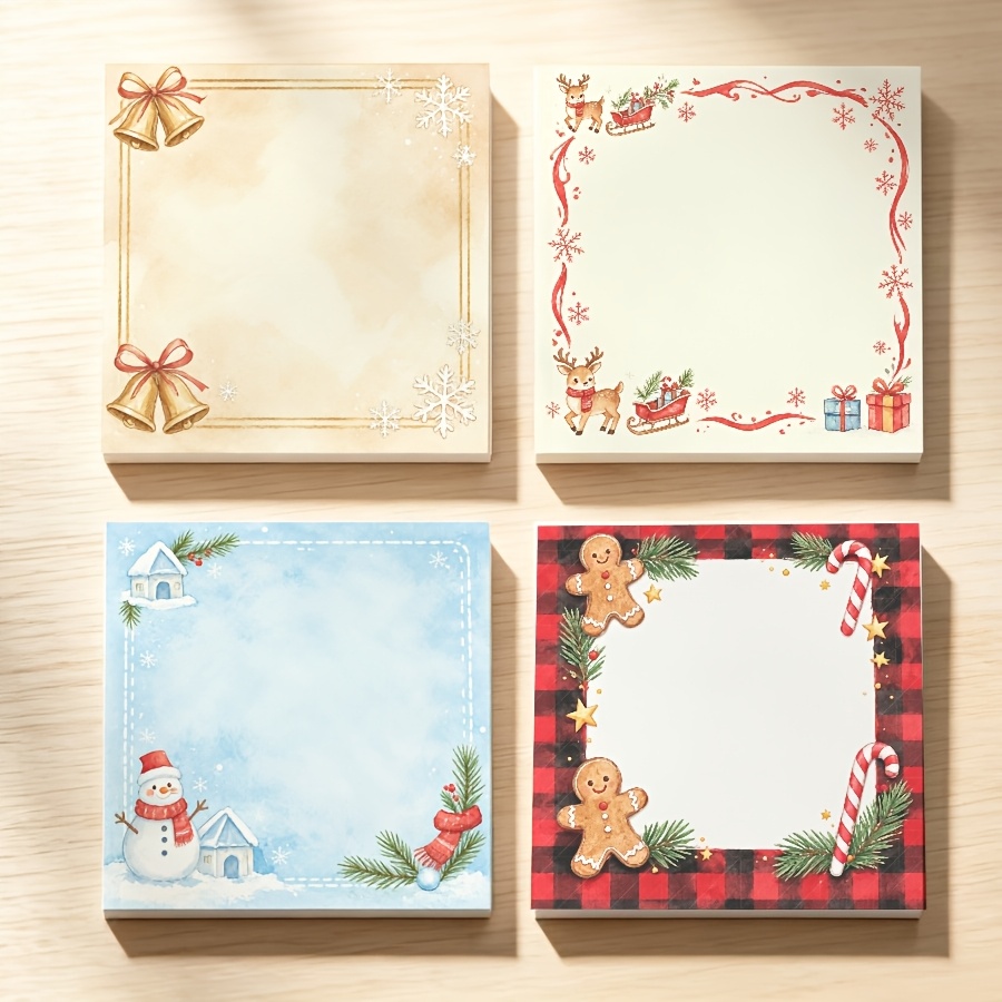 TEMU 4-pack 50 Sheets/each Non-sticky Memo Pads, Cute Christmas Notepads, Vintage Watercolor Snowman Reindeer Gingerbread Blank For School Office &