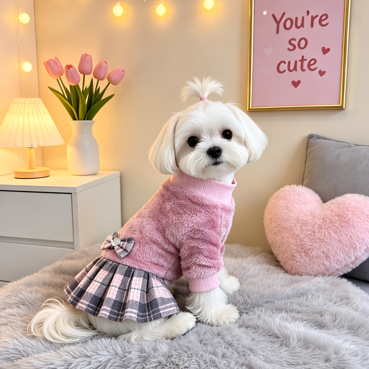 TEMU Cute Dog Sweatshirt Dress With Skirt, Stretch Fleece, Elegant Warm Winter Pet Clothes For Small Dogs Puppy For Chihuahua Yorkies Havanese
