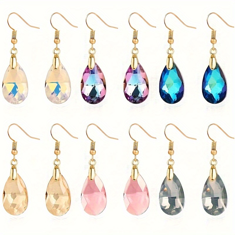 TEMU 6 Pairs Shiny Teardrop & Oval Shape Artificial Crystal Decor Long Dangle Earrings, Elegant Drop Jewelry Trendy Women Girls, For Valentine's Day, , Birthday Gifts
