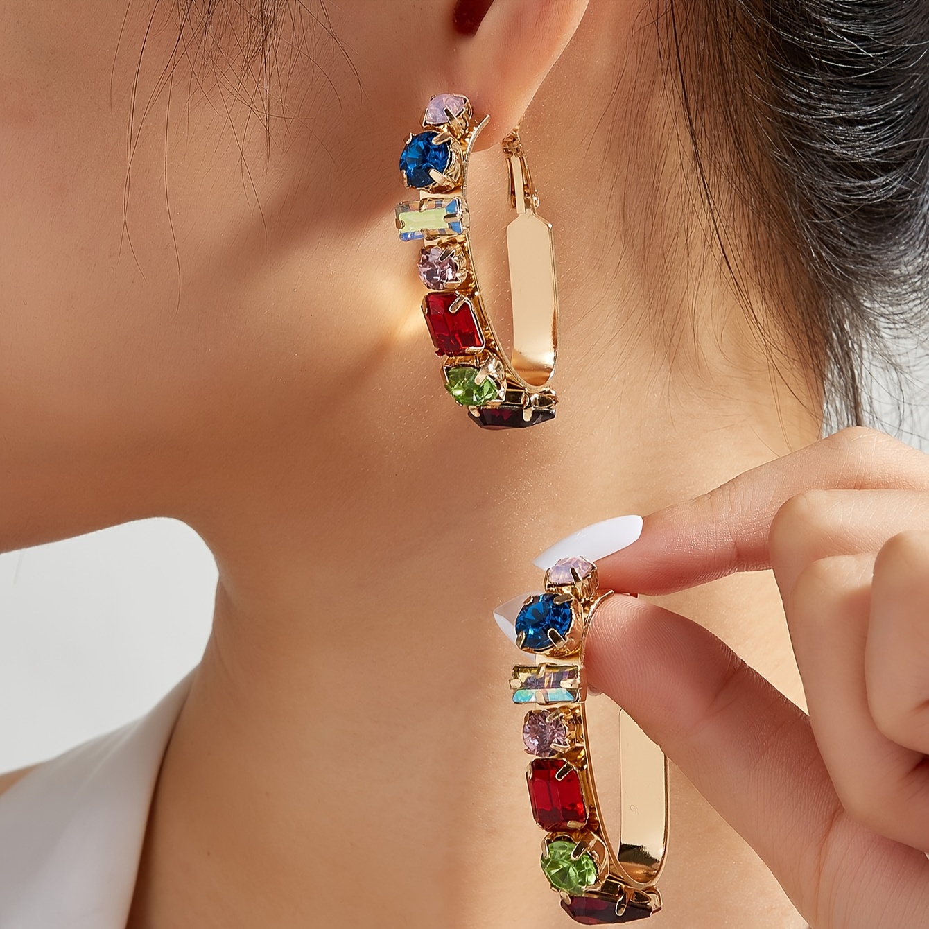 

Elegant And Bohemian Style Hoop Earrings With Colorful Resin Gems - Suitable For Everyday Wear