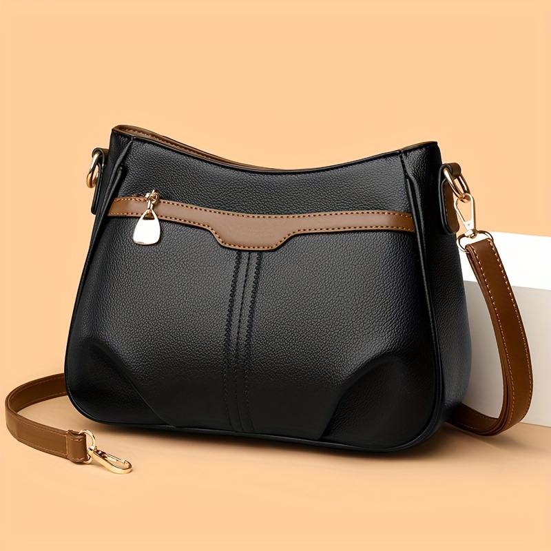 

Women's Fashion Crossbody Bag, Pu Leather, Solid Color, Black, Khaki, Blue, Adjustable Strap, Water-resistant, Zip Closure, Lightweight, No Print, With Edge Detailing