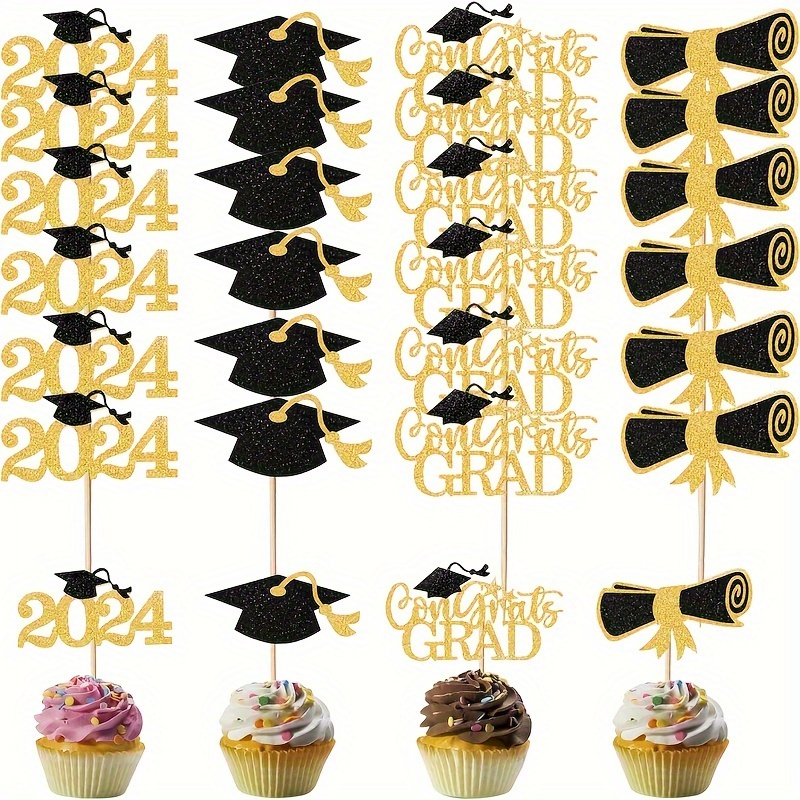 

24pcs Graduation Cupcake Toppers 2024 - Uncharged Paper Cake Decorations With Grad Cap, Diploma & Congrats Grad Sign - Class Of 2024 Graduation Party Supplies (4 Styles)