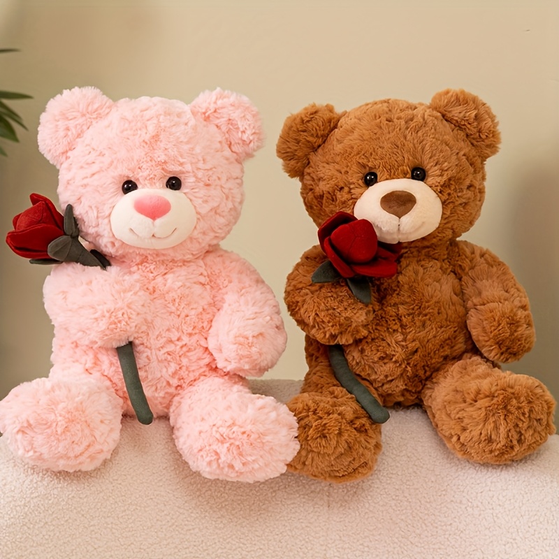 1pc Cute Rose Bear Plush Toy Pink and Dark Brown, Polyester Fiber  Valentine'S Day, Mother'S Day, and Birthdays