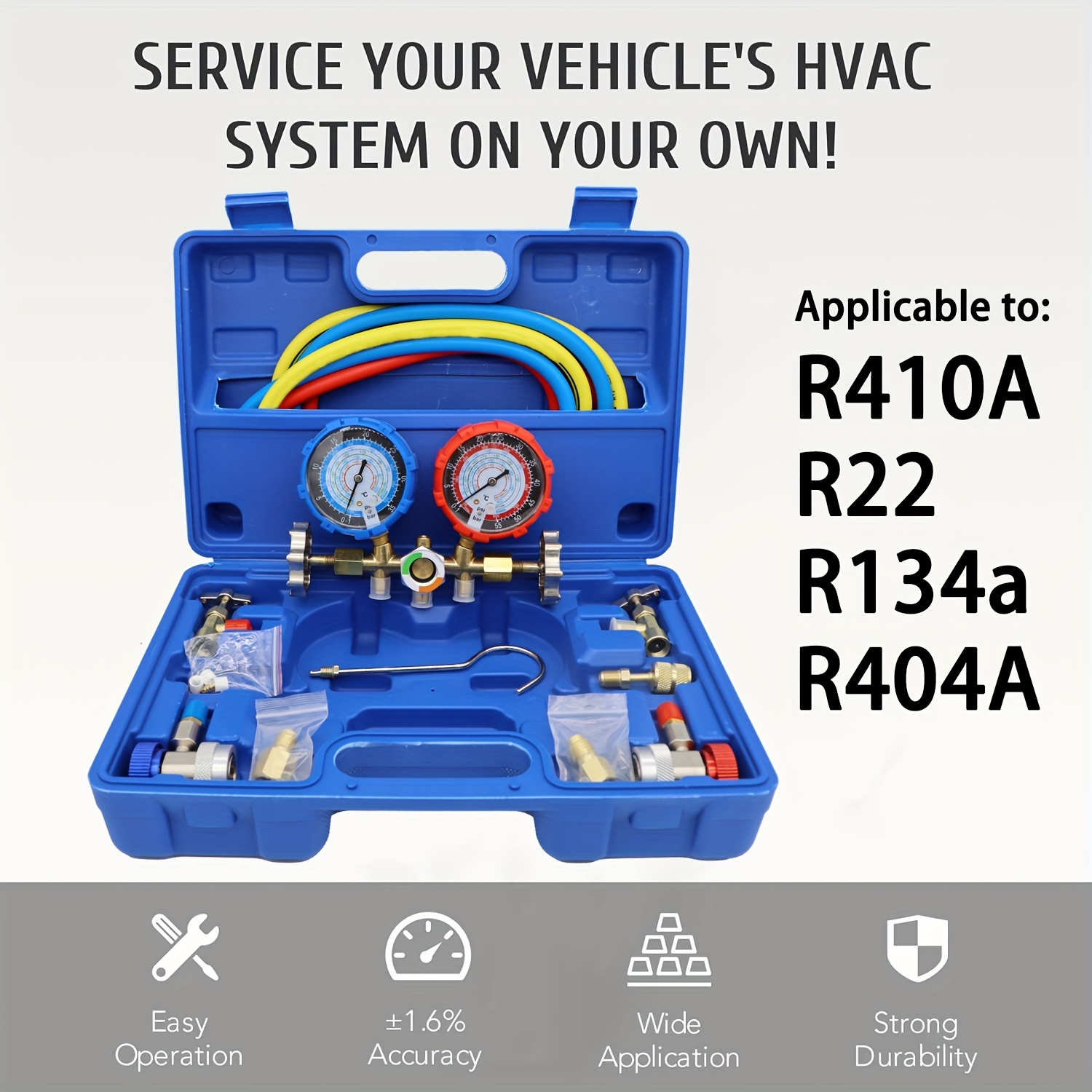 

R410a R22 R134a R404a Refrigerant Ac Manifold Gauge Set, 3-way Refrigerant Charging Kit With 1.2m Hose, Coupler And Connector