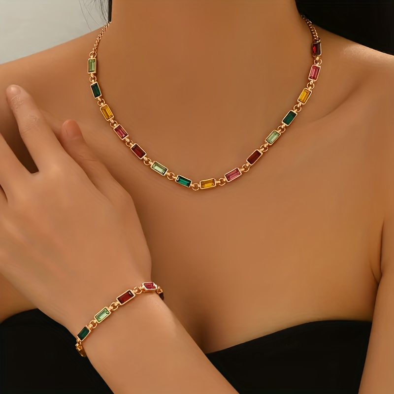 Image of 2pcs Elegant And Cute Ladies' Golden Stainless Steel Inlaid With Colored Square Synthetic Zirconia Party Bracelet Necklace Set