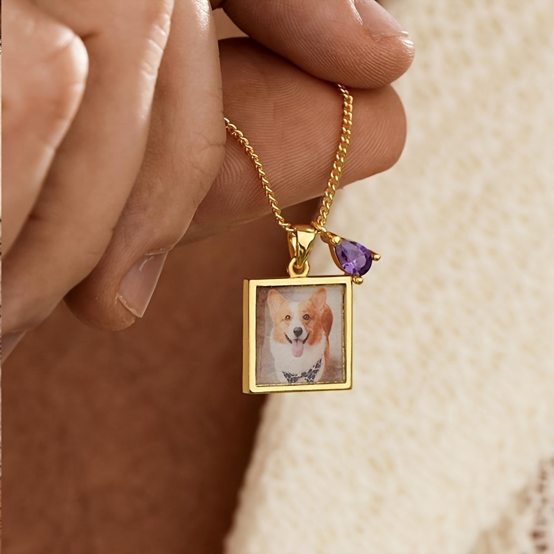 Custom Square Photo Birthstone Necklace — 18K Gold-Plated Gift