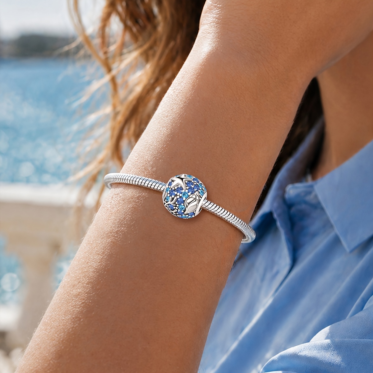 Ocean Charm DIY Pendant Beaded Bracelet, 925 Silver Plated