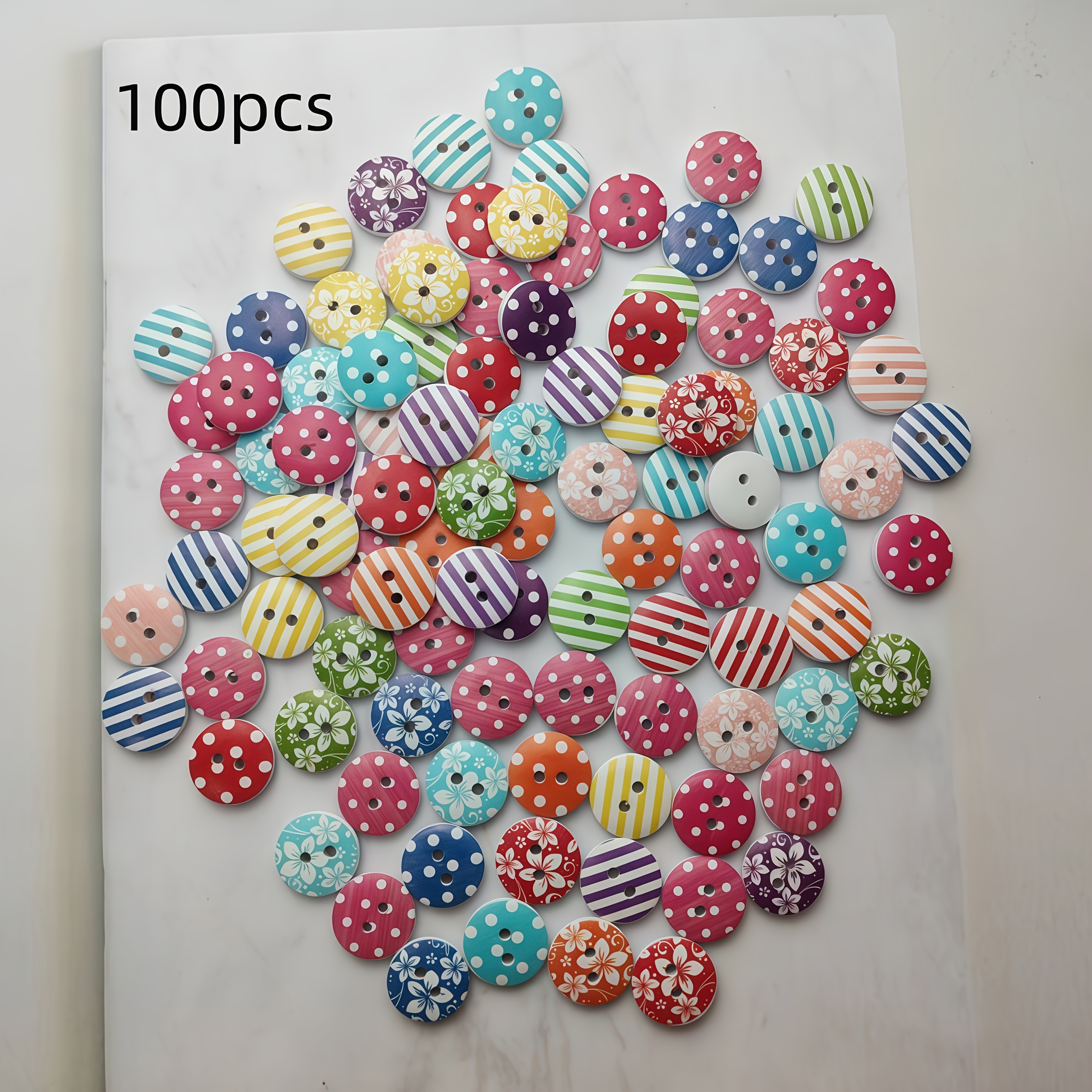 Image of 100pcs Fashionable Colorful Wooden Buttons With Polka Dots And Stripes, Vintage Painted Wood Buttons For , Bags, Scarves, Hats Decoration, Accessory Embellishment, Creative Button Designs