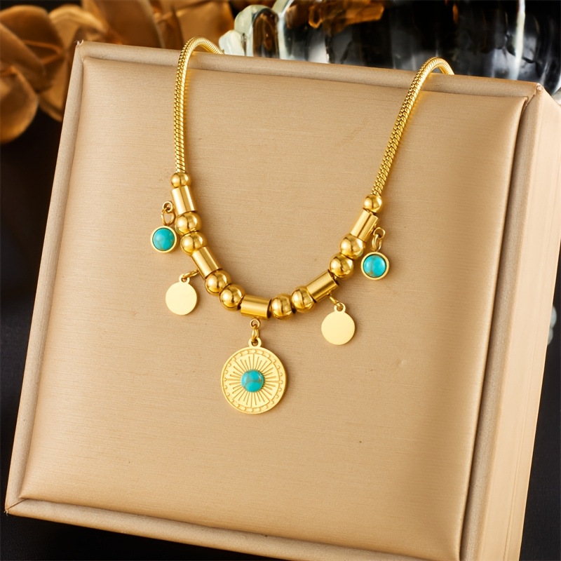 E-shop Bohemian Vintage Edelstahl Halskette Goldene Runde Perle Türkis Anhänger Damen Herren Alltagskette