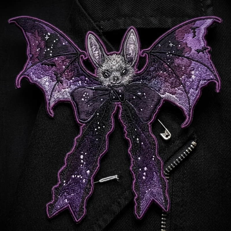 TEMU 1pc Gothic Purple Bow Bat Iron On Patch, Bat Embroidered Applique For Jacket Backpack Diy Halloween Decor