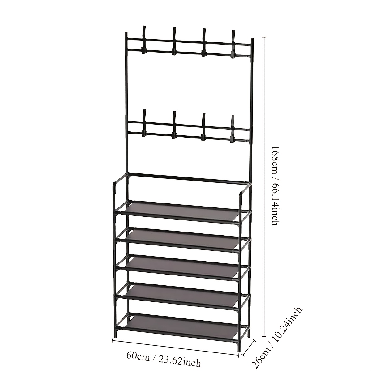 1pc 4 5 tier freestanding metal and plastic shoe rack with 8 hooks multipurpose clothes and shoe organizer easy assembly supports up to 5 lbs black white shoe storage organizer details 4