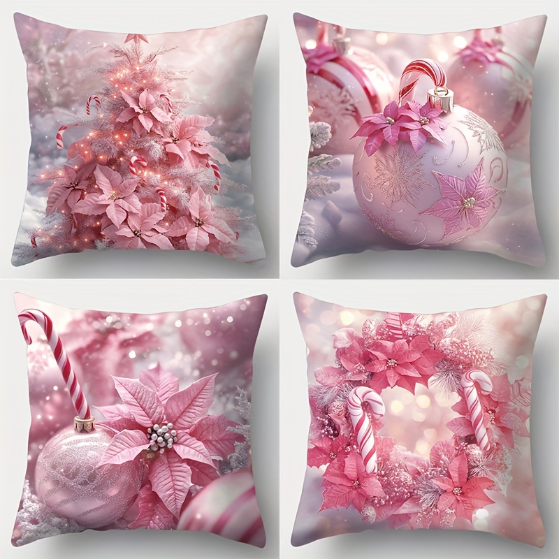 

4-pack Contemporary Christmas Themed Throw Cushion Covers, Pink Decorative Zippered Pillowcase Set, Polyester, Living Room Accent With Printed Holiday Ornaments And Trees, Machine Washable