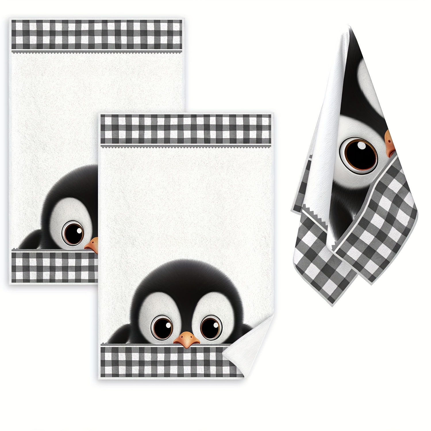 

2-pack Contemporary Cartoon Penguin Microfiber Dish Towels - Knit Fabric, Machine Washable, Oblong Kitchen Towels With Patterned Design