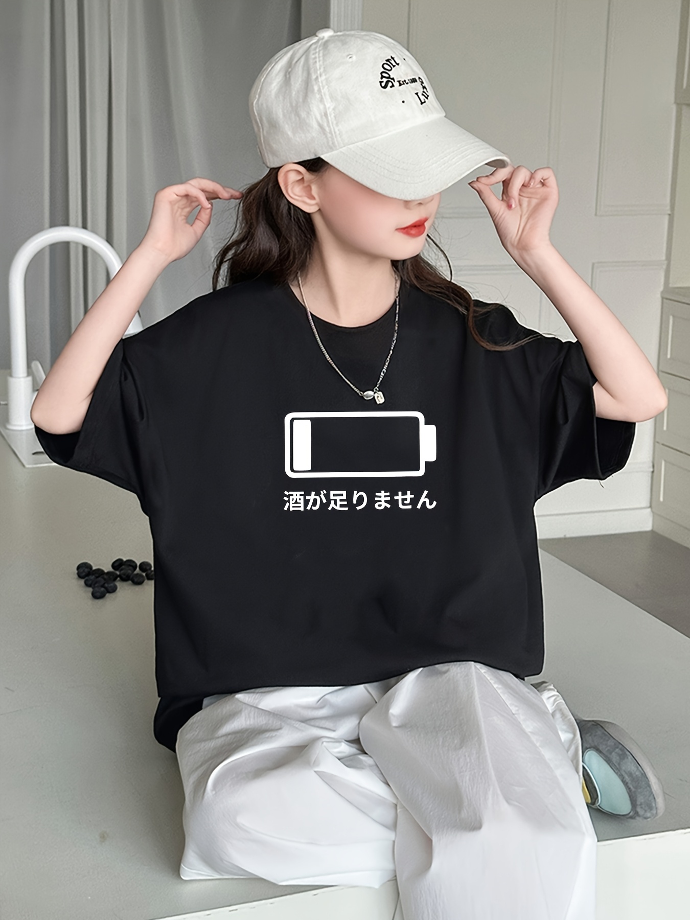 Girls' Oversized Graphic T-Shirt Black Japanese Text Battery  Breathable Summer Short Sleeve Tee, Machine Washable Loose Fit Casual Top  for