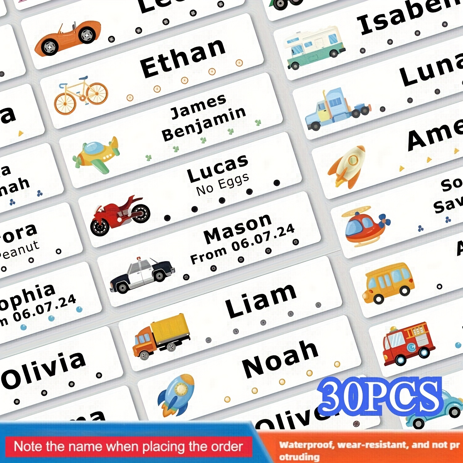 Image of 30/60/120/240/360pcs 4.6*1.1cm Long Multi-character Personalized Name Tag Cartoon Car Vehicle Custom Stickers, Suitable For Bottle Backpack School Supplies
