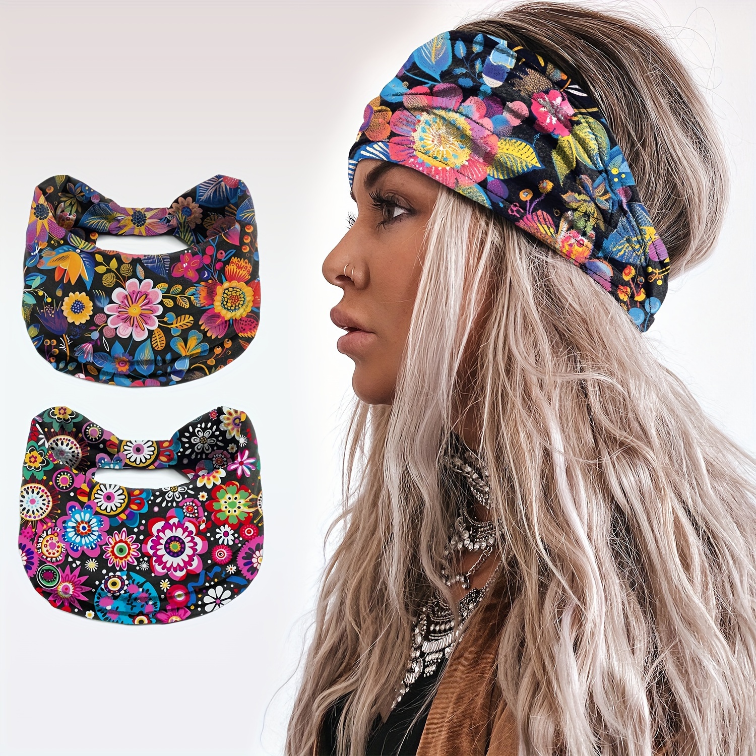 

Vintage Elegant Floral Polyester Headbands For Women - Breathable Sweat Absorption Hairbands With Bright Flower Prints - Set Of 1 Or 2 Dress-up Elastic Hair Accessories