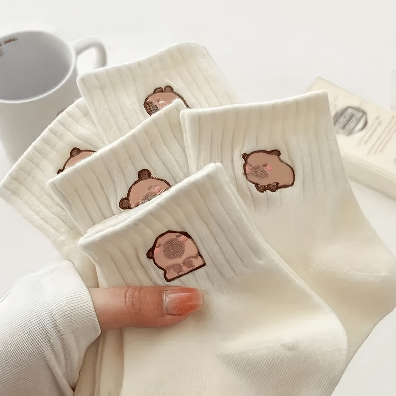 Image of 5 Pairs Cute Women's Lazy Capybara Socks, Perfect For Home And Athletic Wear