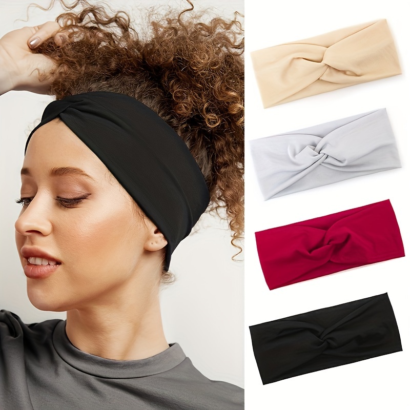 

4 Pcs/set Assorted Colors Knotted Headbands, Stretchy Soft Fabric Hair Bands, Non-slip Wide Turban Head Wraps For Yoga, Workout, Styling & Daily Wear Accessories