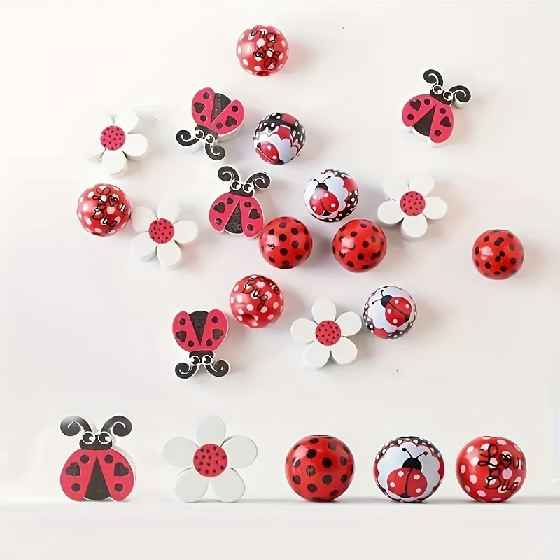 

40 Pcs Mixed Ladybug Wooden Round Beads, Small Flower Irregular Beads With Large Hole, For Diy Beading Pen Hand String Necklace, Decorations Accessories
