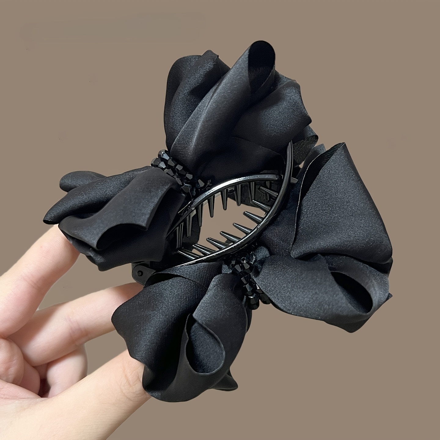 TEMU 1pc Black Satin Bow Bun Holder Claw Clip For Women, Elegant Beaded Bowknot Bird Nest Hair Clip For High Ponytail And Updos