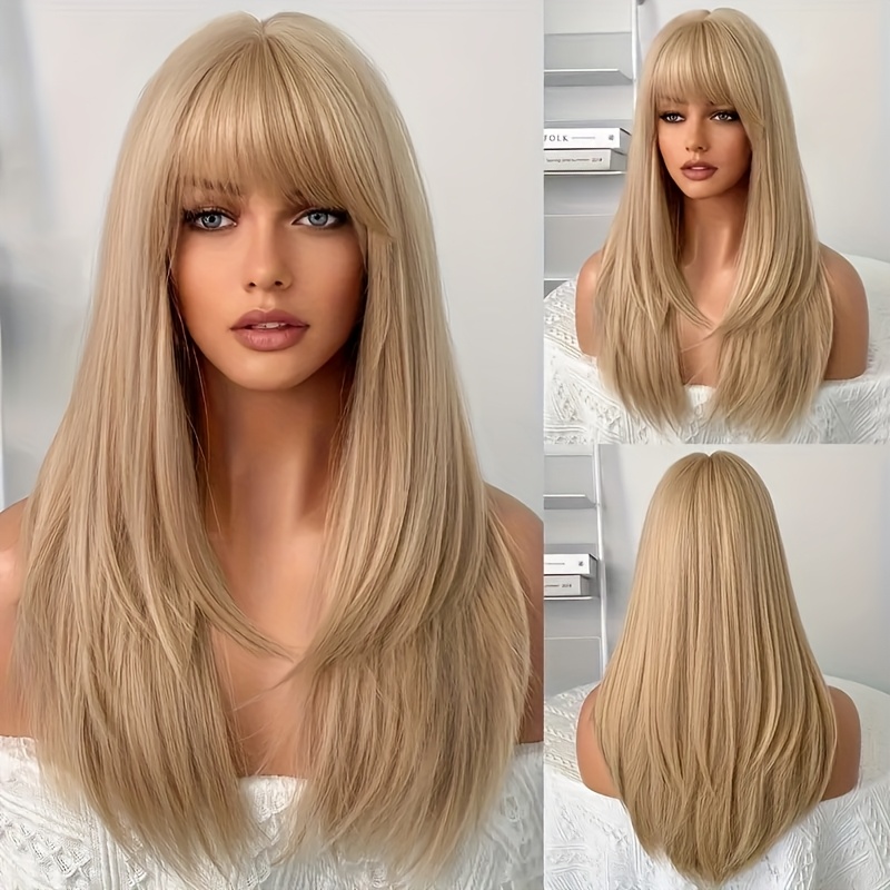 TEMU Elegant Long Straight Blonde Wig With Bangs - Heat-resistant Synthetic Fiber, 180% Density, Body Wave Style For Women - Ideal For Parties & Role-play, High-definition Natural Look