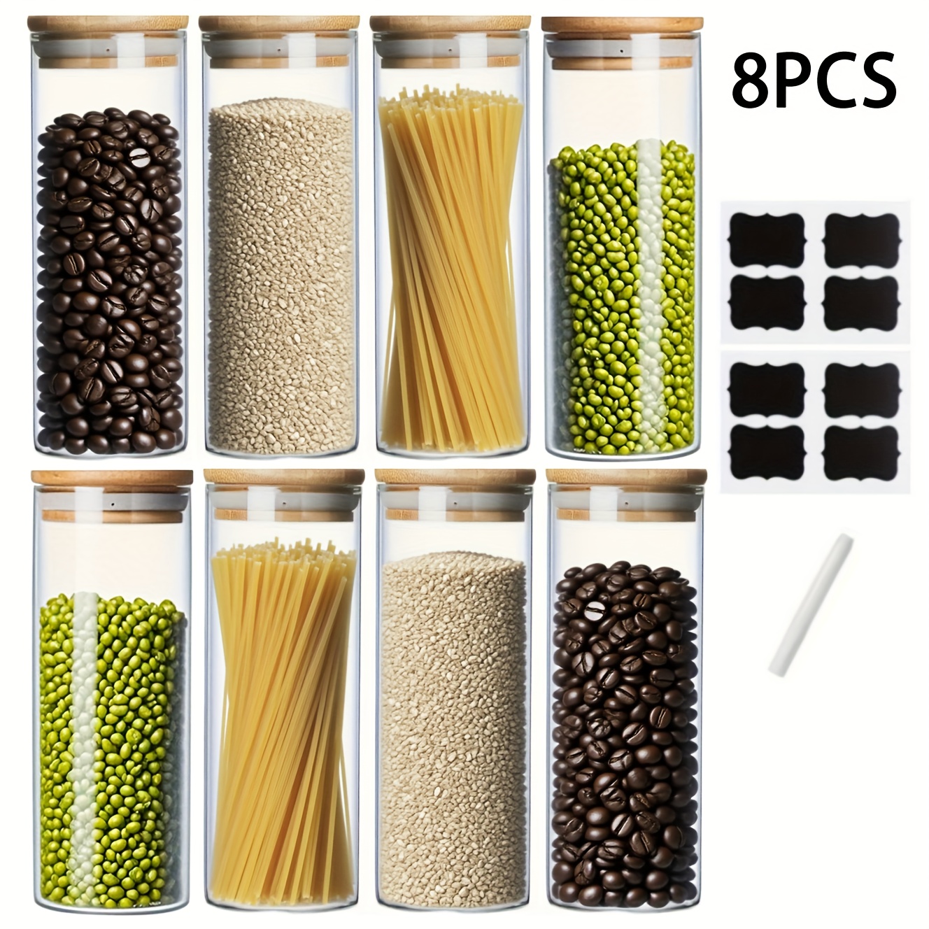 2 4 8pcs glass food storage jars with bamboo lids chalk marker labels kit large   airtight pantry containers pantry organization spices dry food flour sugar tea reusable glass jars compatible with chalk
