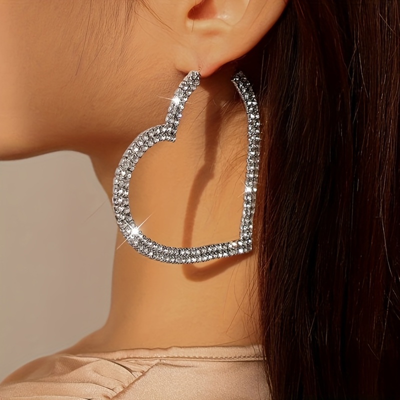 Image of 1 Pair Exaggerated Design Sparkling Large Heart Earrings, Luxurious And Fashionable, Suitable For Women To Attend Parties And Vacation Decoration, Valentine's Day Gift For Her