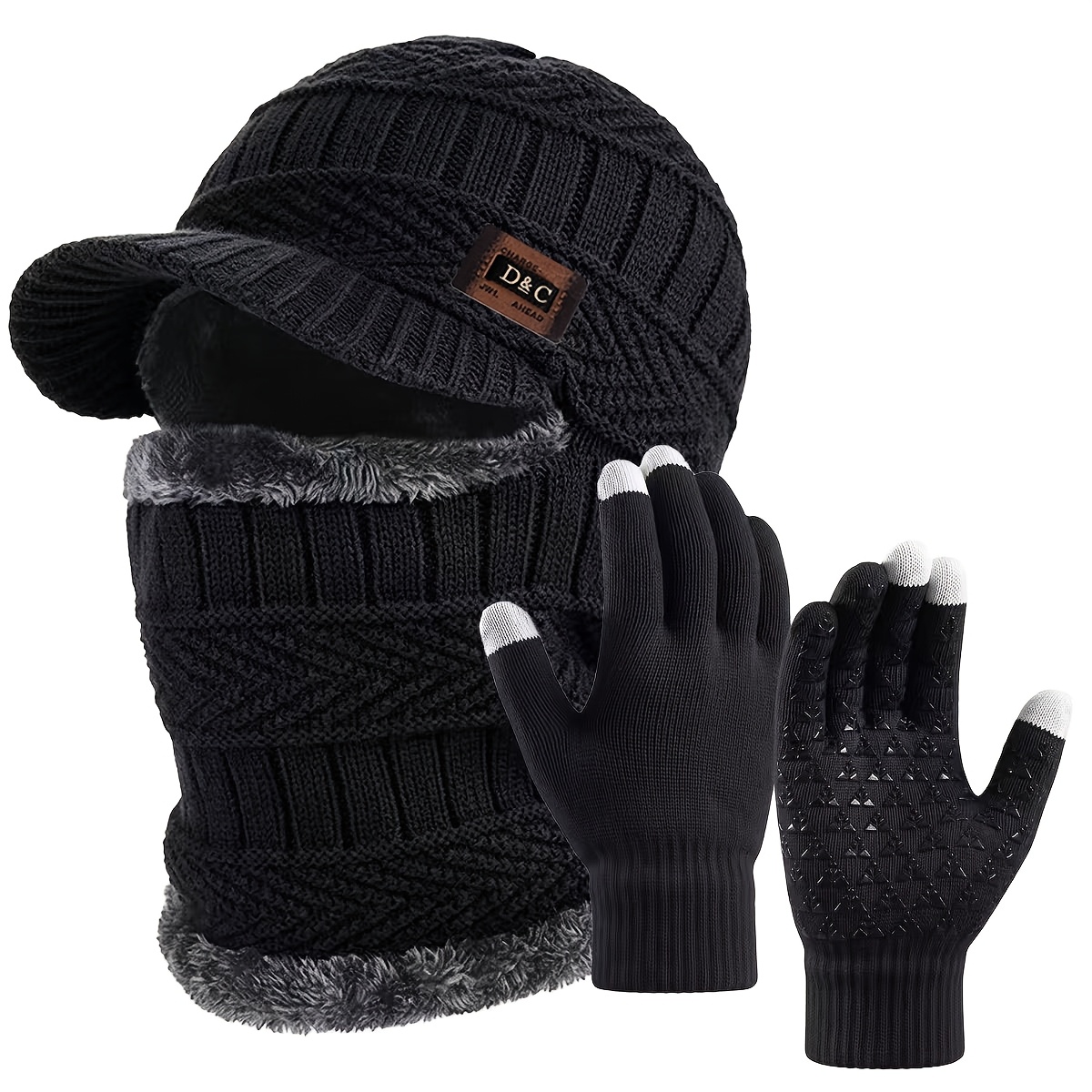 TEMU 2pcs (1pc Brimmed Balaclava Hat And 1 Pair Touchscreen Gloves) Hat And Glove Set, Men&;s Autumn Winter Outdoor Cold-proof Set, Jacquard With