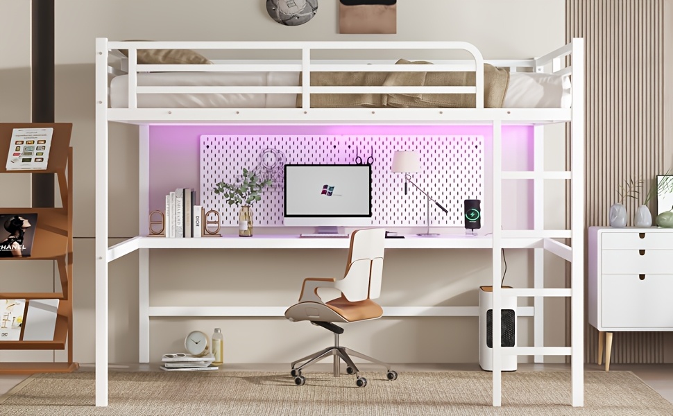 BELLEMAVE Queen Size Heavy-Duty Metal Loft Bed Frame with Built-In Desk, Side Ladder And Full Safety Guardrails, Noise-Reduced Loft Bed, No Box Spring Required, Modern Bedroom Furniture for Small Apartments, Off White